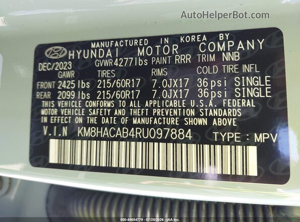 KM8HACAB4RU097884 2024 HYUNDAI KONA Gray Engine compartment view