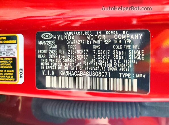 KM8HACAB4SU308071 2025 HYUNDAI KONA Burgundy Vista de la etiqueta del VIN