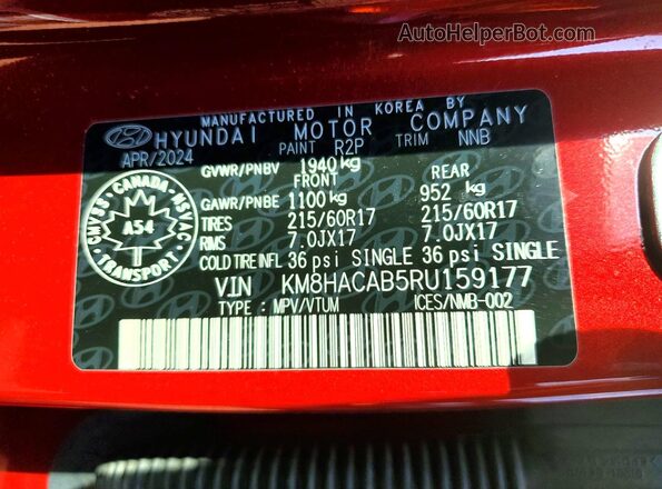 KM8HACAB5RU159177 2024 HYUNDAI KONA Red VIN կոդի պիտակի տեսք