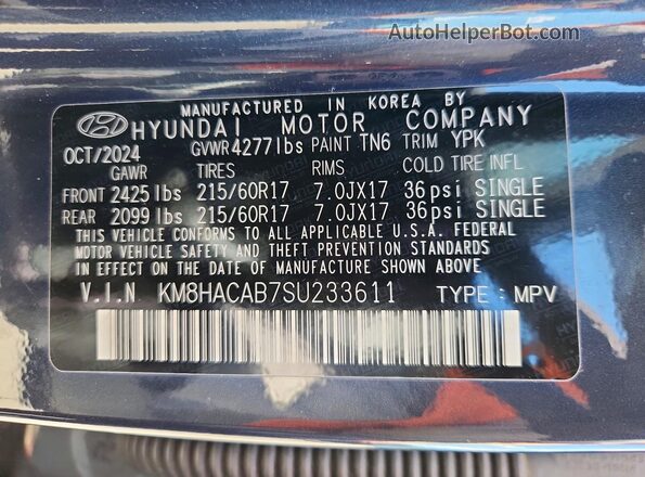 KM8HACAB7SU233611 2025 HYUNDAI KONA Blue Vista de la etiqueta del VIN