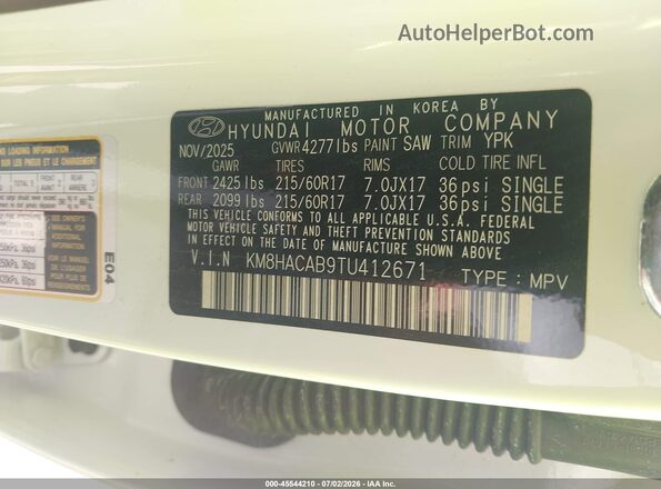 KM8HACAB9TU412671 2026 HYUNDAI KONA White Շարժիչի բաժամունքի տեսք