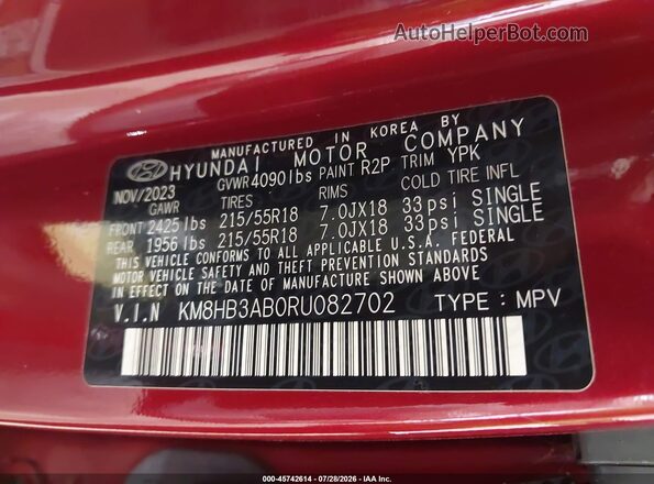 KM8HB3AB0RU082702 2024 HYUNDAI KONA Red Շարժիչի բաժամունքի տեսք