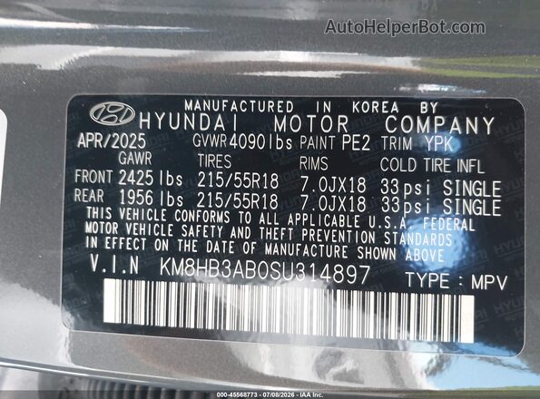 KM8HB3AB0SU314897 2025 HYUNDAI KONA Gray Շարժիչի բաժամունքի տեսք