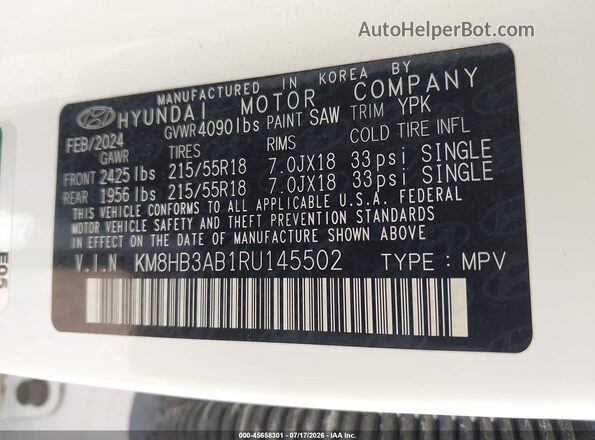 KM8HB3AB1RU145502 2024 HYUNDAI KONA White ძრავის განყოფილების ხედი