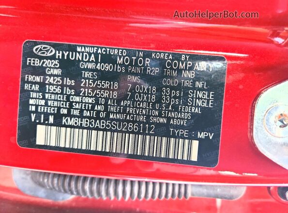 KM8HB3AB5SU286112 2025 HYUNDAI KONA Red VIN კოდის სტიკერის ხედი