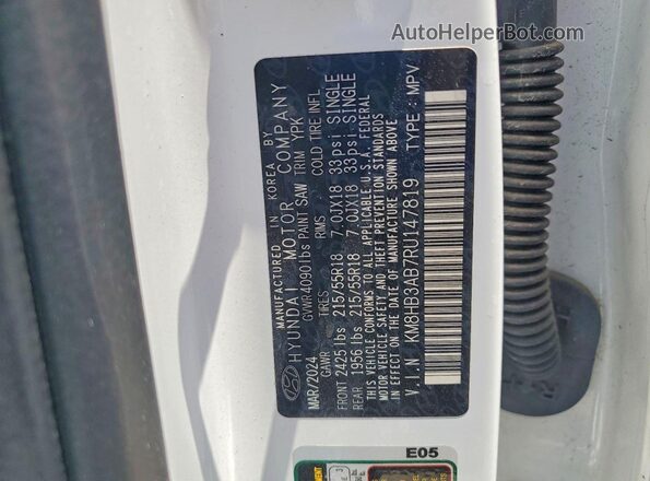 KM8HB3AB7RU147819 2024 HYUNDAI KONA White Вид підкапотного простору