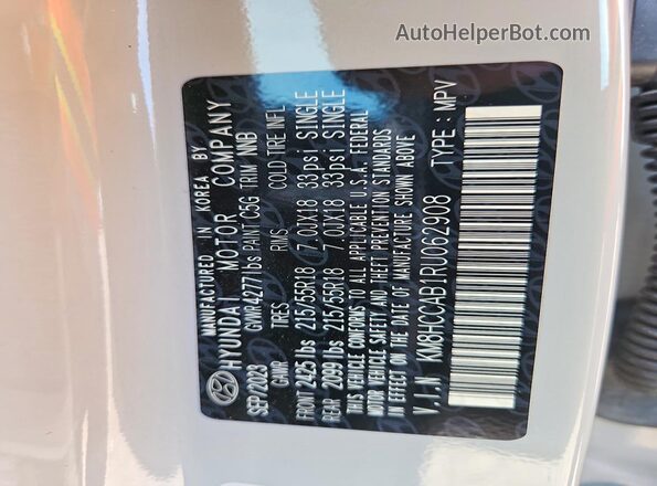 KM8HCCAB1RU062908 2024 HYUNDAI KONA White VIN კოდის სტიკერის ხედი