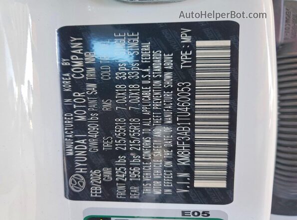 KM8HF3AB1TU460053 2026 HYUNDAI KONA White VIN კოდის სტიკერის ხედი