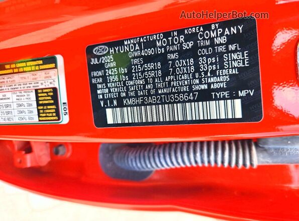 KM8HF3AB2TU358647 2026 HYUNDAI KONA Orange Вид наклейки з VIN-кодом