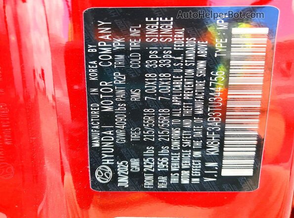 KM8HF3AB3TU344756 2026 HYUNDAI KONA Red VIN կոդի պիտակի տեսք