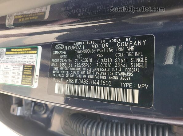 KM8HF3AB3TU441603 2026 HYUNDAI KONA Blue VIN კოდის სტიკერის ხედი
