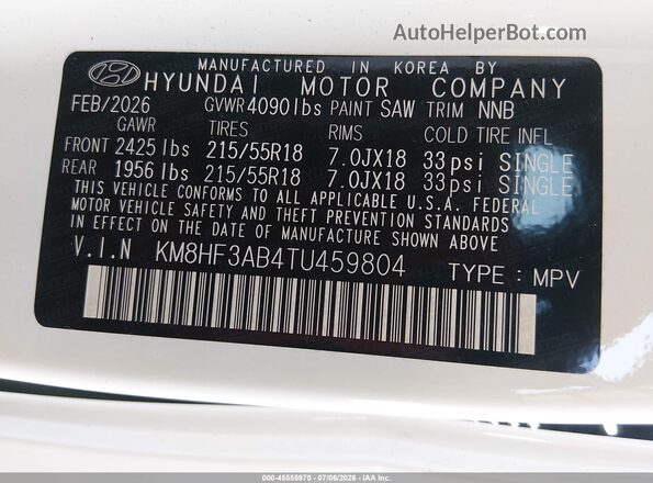 KM8HF3AB4TU459804 2026 HYUNDAI KONA White Widok komory silnika
