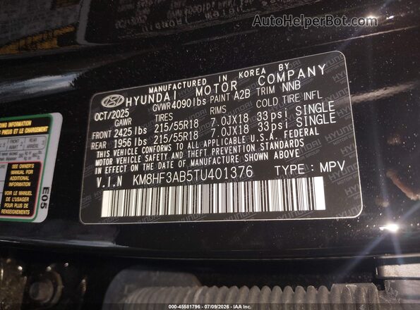 KM8HF3AB5TU401376 2026 HYUNDAI KONA Black Vista del compartimento del motor
