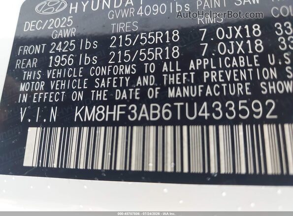 KM8HF3AB6TU433592 2026 HYUNDAI KONA White Շարժիչի բաժամունքի տեսք