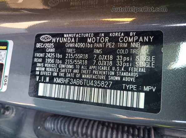 KM8HF3AB6TU435827 2026 HYUNDAI KONA Gray VIN կոդի պիտակի տեսք