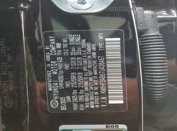 KM8HF3AB6TU438467 2026 HYUNDAI KONA Черный Панорамный вид салона 360°