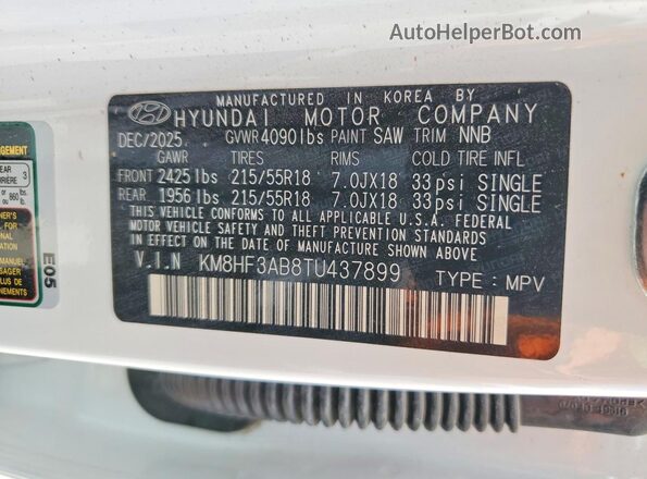 KM8HF3AB8TU437899 2026 HYUNDAI KONA White Панорамний вид салону 360°