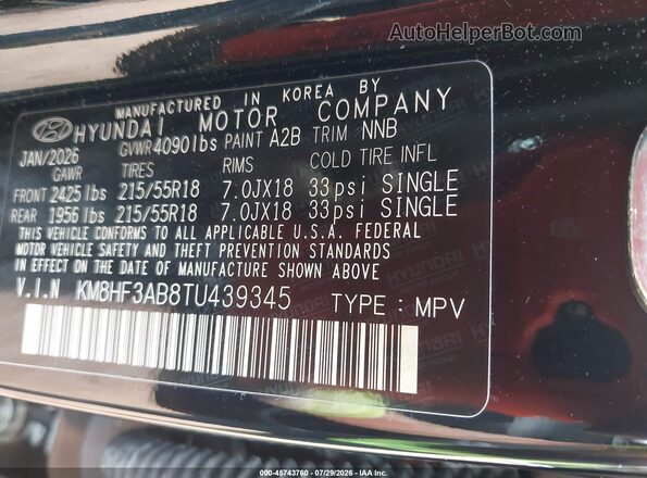 KM8HF3AB8TU439345 2026 HYUNDAI KONA Black Vista del compartimento del motor