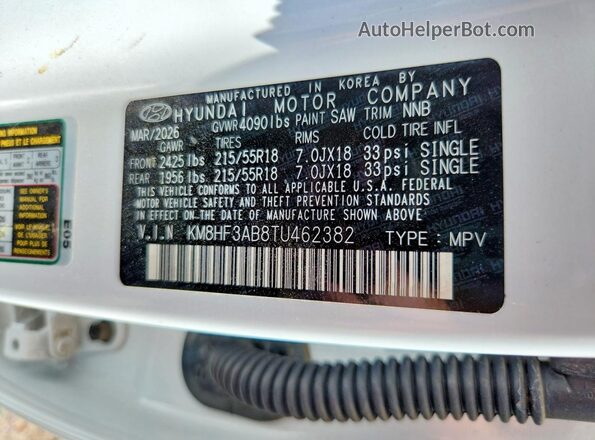 KM8HF3AB8TU462382 2026 HYUNDAI KONA White VIN sticker view