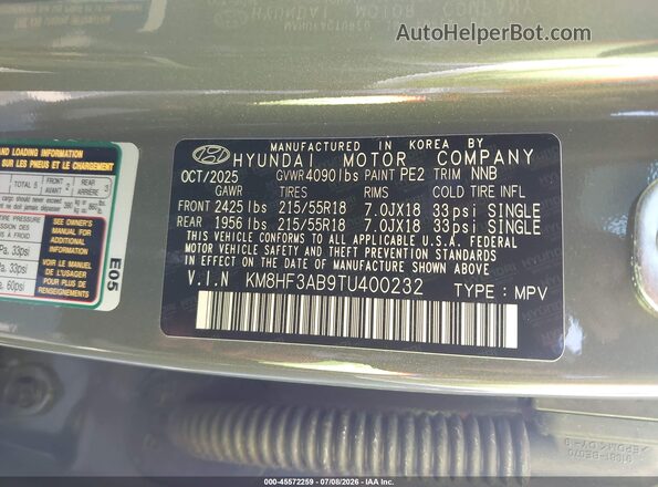 KM8HF3AB9TU400232 2026 HYUNDAI KONA Gray ძრავის განყოფილების ხედი