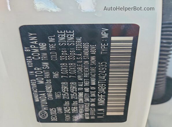 KM8HF3AB9TU424935 2026 HYUNDAI KONA White VIN კოდის სტიკერის ხედი