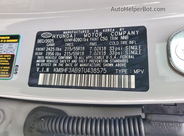 KM8HF3AB9TU438575 2026 HYUNDAI KONA Gray VIN კოდის სტიკერის ხედი