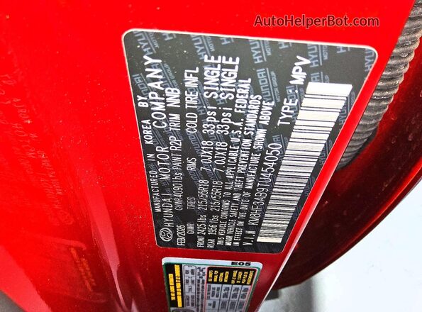 KM8HF3AB9TU454050 2026 HYUNDAI KONA Red VIN կոդի պիտակի տեսք