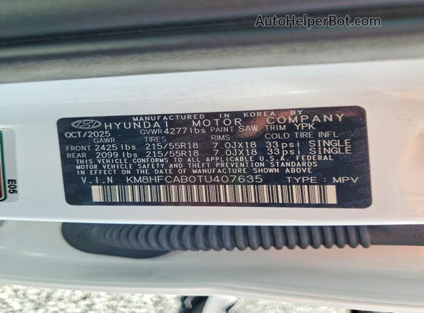 KM8HFCAB0TU407635 2026 HYUNDAI KONA White VIN sticker view