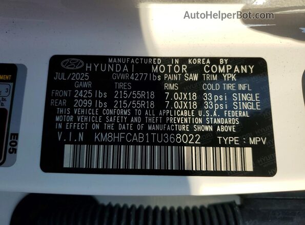 KM8HFCAB1TU368022 2026 HYUNDAI KONA White VIN sticker view