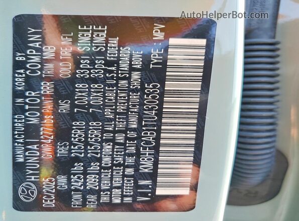KM8HFCAB1TU430535 2026 HYUNDAI KONA Turquoise VIN կոդի պիտակի տեսք