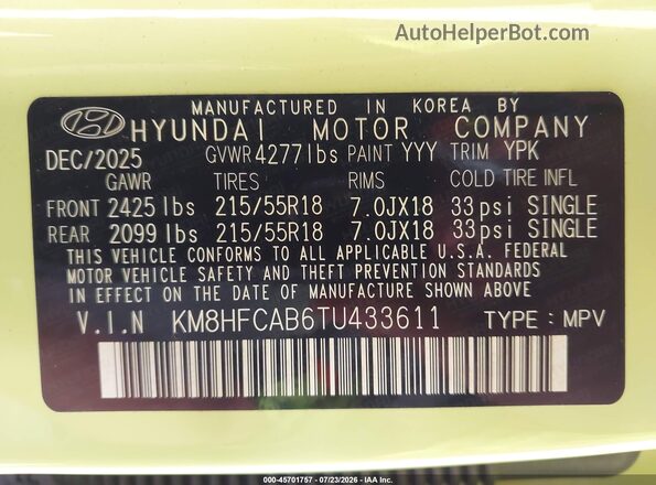 KM8HFCAB6TU433611 2026 HYUNDAI KONA Green Widok komory silnika