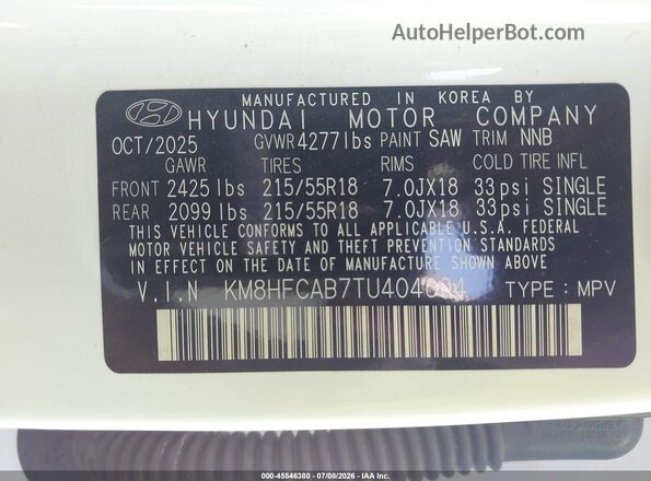 KM8HFCAB7TU404604 2026 HYUNDAI KONA White Engine compartment view