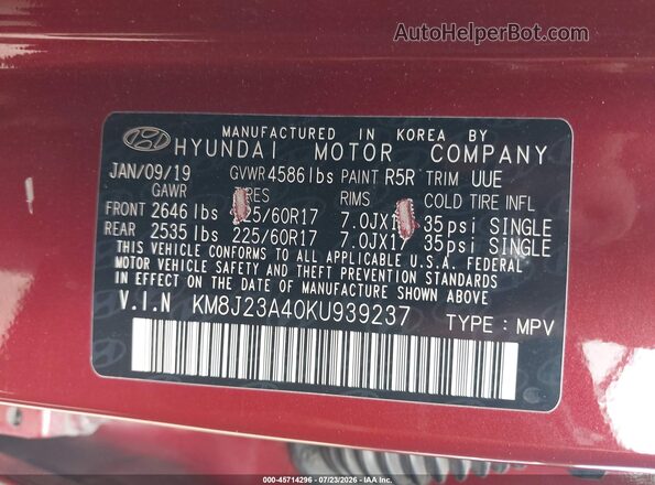 KM8J23A40KU939237 2019 HYUNDAI TUCSON Красный Вид подкапотного пространства
