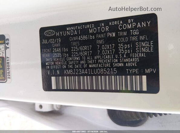 KM8J23A41LU085215 2020 HYUNDAI TUCSON White Շարժիչի բաժամունքի տեսք
