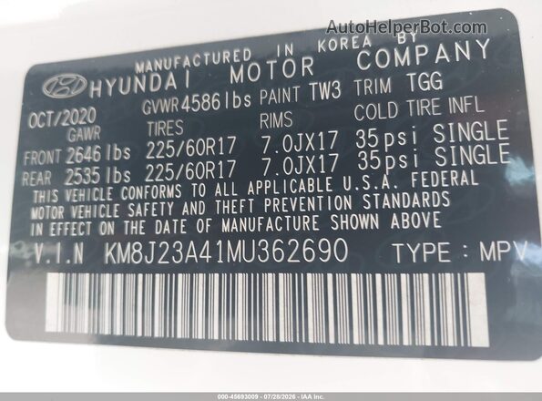 KM8J23A41MU362690 2021 HYUNDAI TUCSON Белый Вид подкапотного пространства