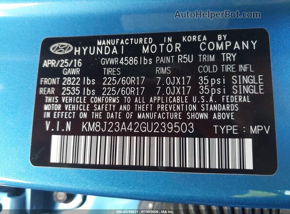 KM8J23A42GU239503 2016 HYUNDAI TUCSON Blue Вид підкапотного простору