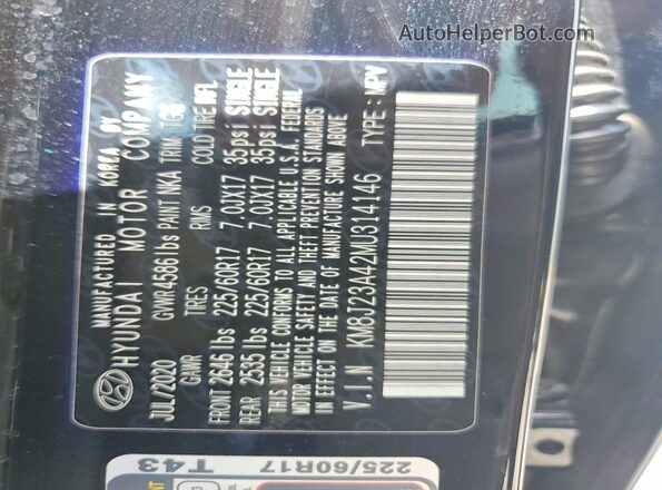 KM8J23A42MU314146 2021 HYUNDAI TUCSON Black VIN კოდის სტიკერის ხედი