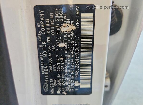 KM8J23A43KU902117 2019 HYUNDAI TUCSON Белый Вид наклейки с VIN-кодом