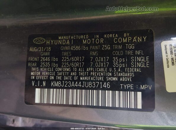 KM8J23A44JU837146 2018 HYUNDAI TUCSON Gray Widok komory silnika