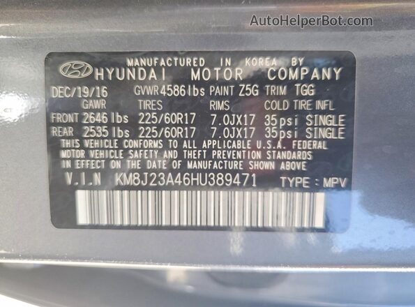KM8J23A46HU389471 2017 HYUNDAI TUCSON Gray Vista interior de 360 grados