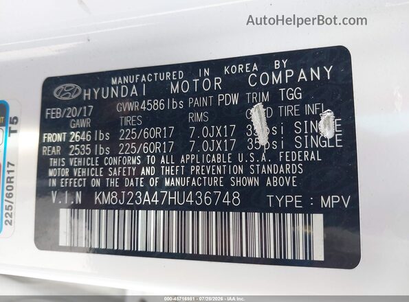KM8J23A47HU436748 2017 HYUNDAI TUCSON White Շարժիչի բաժամունքի տեսք