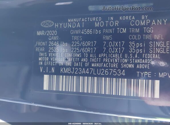 KM8J23A47LU267534 2020 HYUNDAI TUCSON Black Widok komory silnika