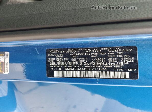KM8J23A48LU211084 2020 HYUNDAI TUCSON Синий Панорамный вид салона 360°