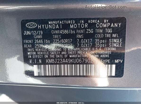 KM8J23A49KU067902 2019 HYUNDAI TUCSON Серый Вид подкапотного пространства