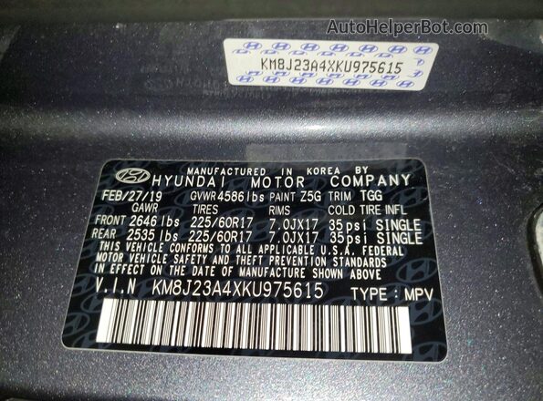 KM8J23A4XKU975615 2019 HYUNDAI TUCSON Gray VIN sticker view