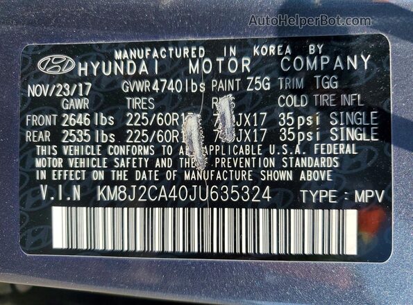 KM8J2CA40JU635324 2018 HYUNDAI TUCSON Gray VIN կոդի պիտակի տեսք