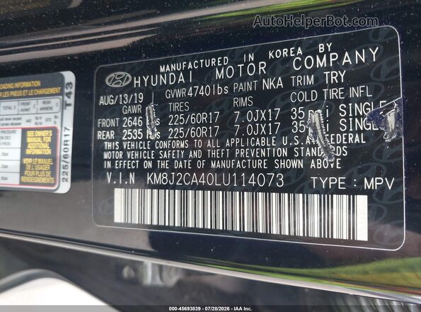 KM8J2CA40LU114073 2020 HYUNDAI TUCSON Black ძრავის განყოფილების ხედი