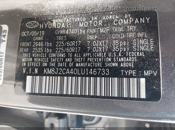 KM8J2CA40LU146733 2020 HYUNDAI TUCSON Gray Widok komory silnika