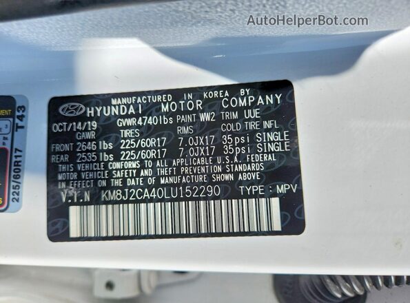 KM8J2CA40LU152290 2020 HYUNDAI TUCSON Белый Вид наклейки с VIN-кодом