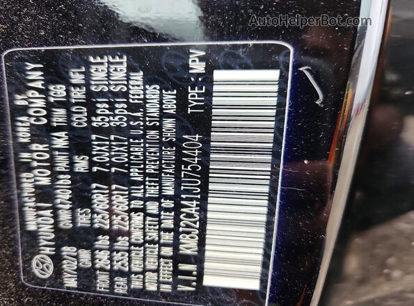 KM8J2CA41JU754404 2018 HYUNDAI TUCSON Black VIN კოდის სტიკერის ხედი